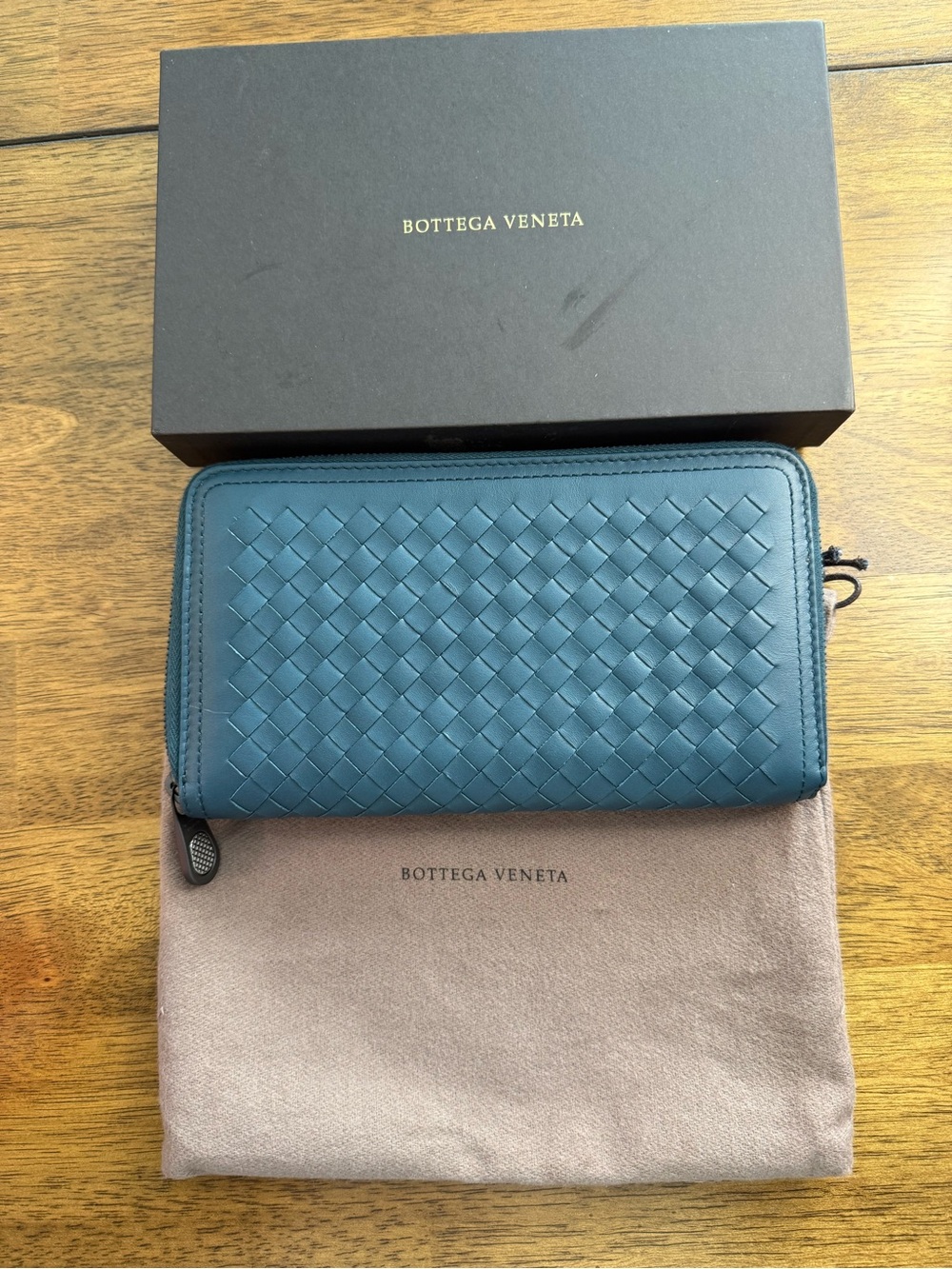 Bottega Veneta Teal Intrecciato Zip-Around Wallet